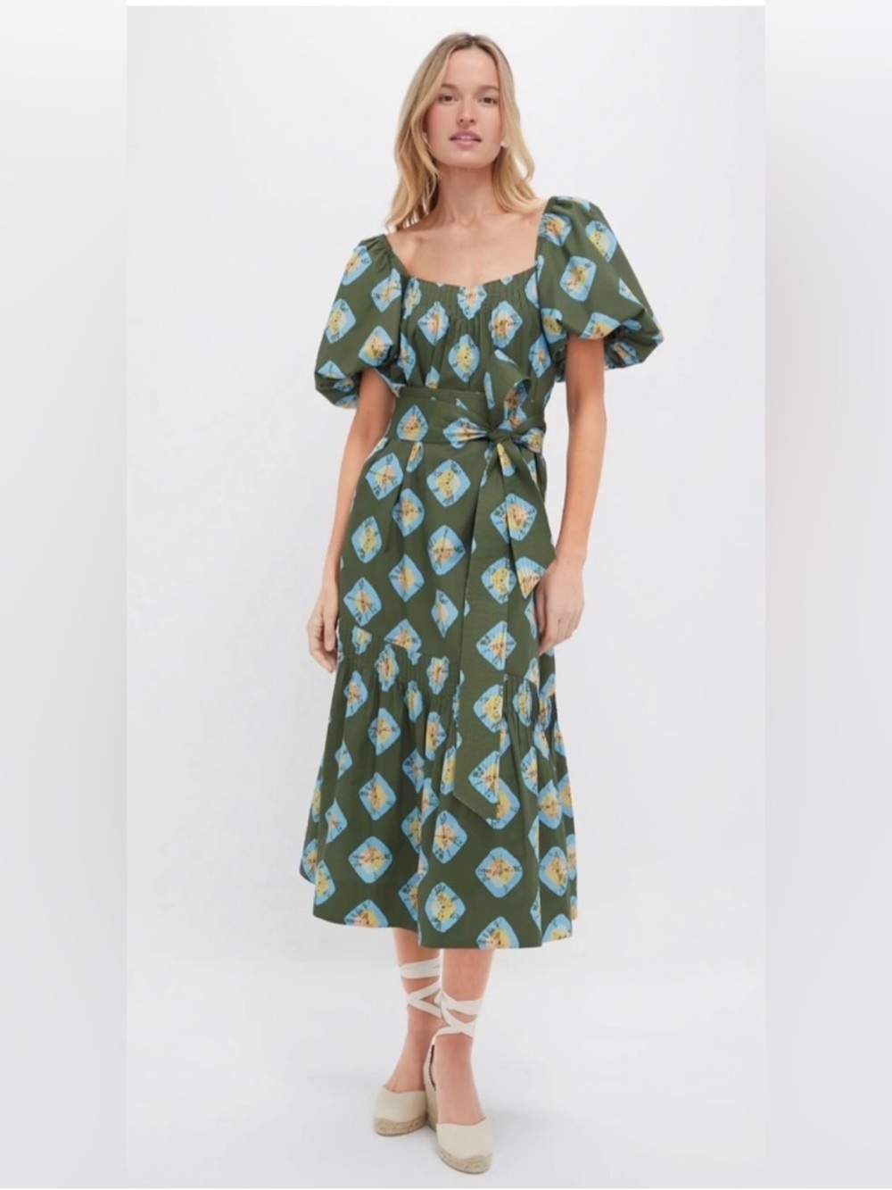 Tuckernuck Olive and Aqua Diamond Clary Dress Midi Green Size XS *
